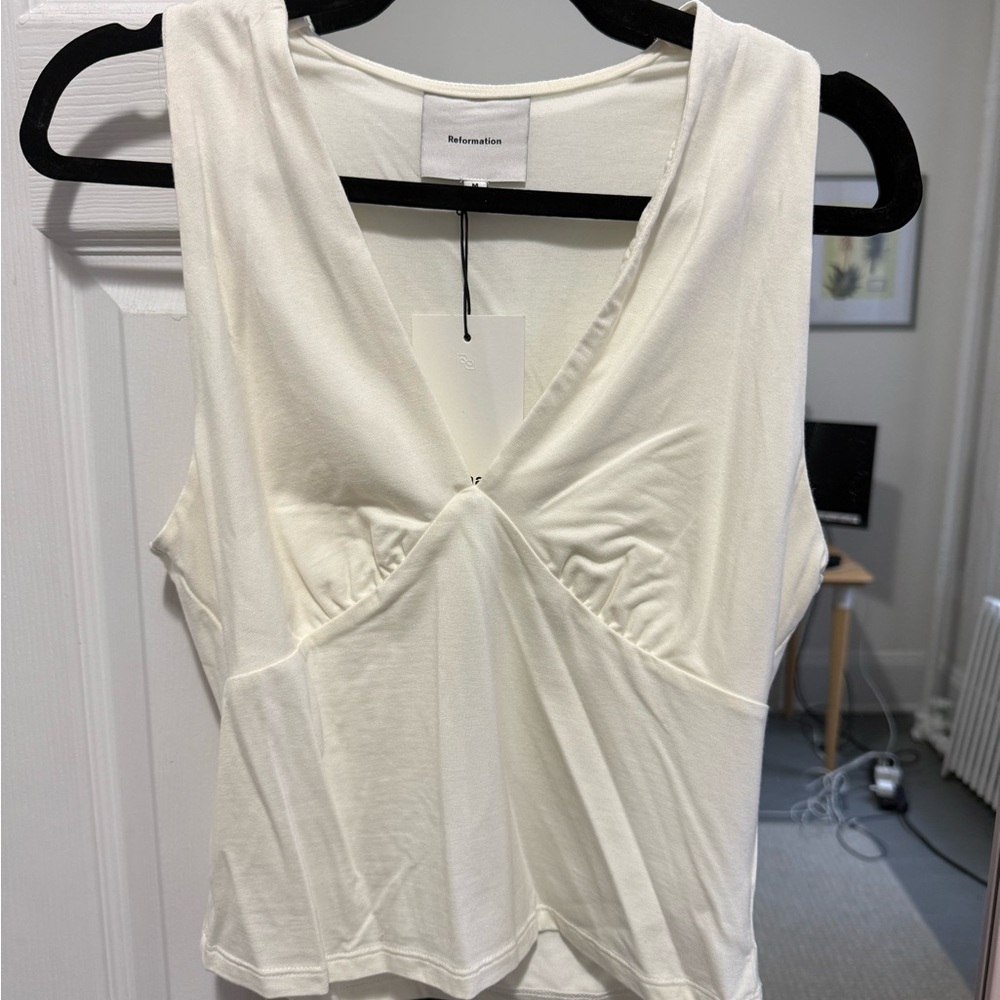 Reformation Ivory V-Neck Top Bowie Knit Top